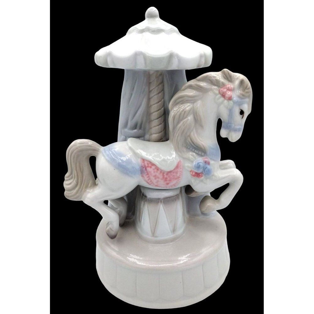 Vintage Carousel Horse Music Box Pastel Ceramic Figurine Taiwan R.O.C.